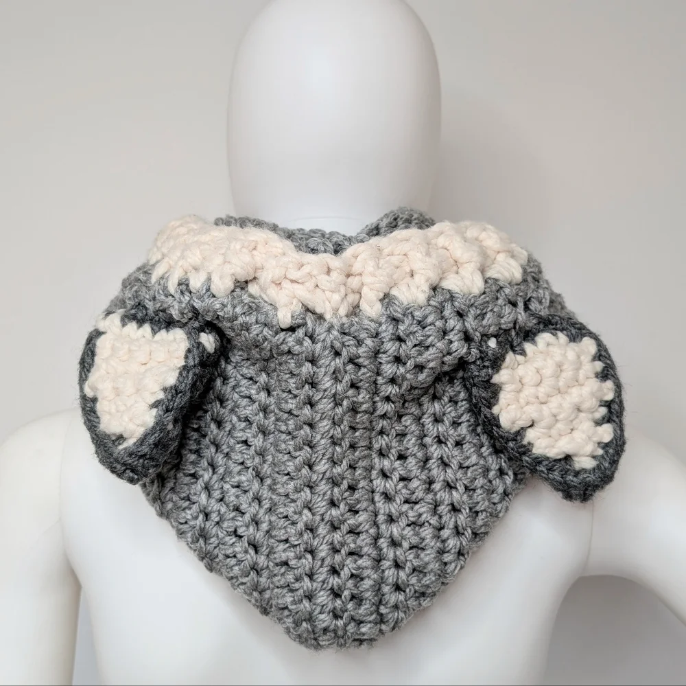 Handmade Crochet Gray & Cream Wolf Head Cowl Hood Scarf With Ears Beenie Hat